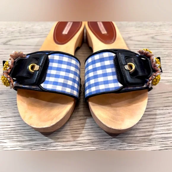 Fabrizio Viti Blue Gingham Wooden Sandal Size 7 - Picture 8 of 11